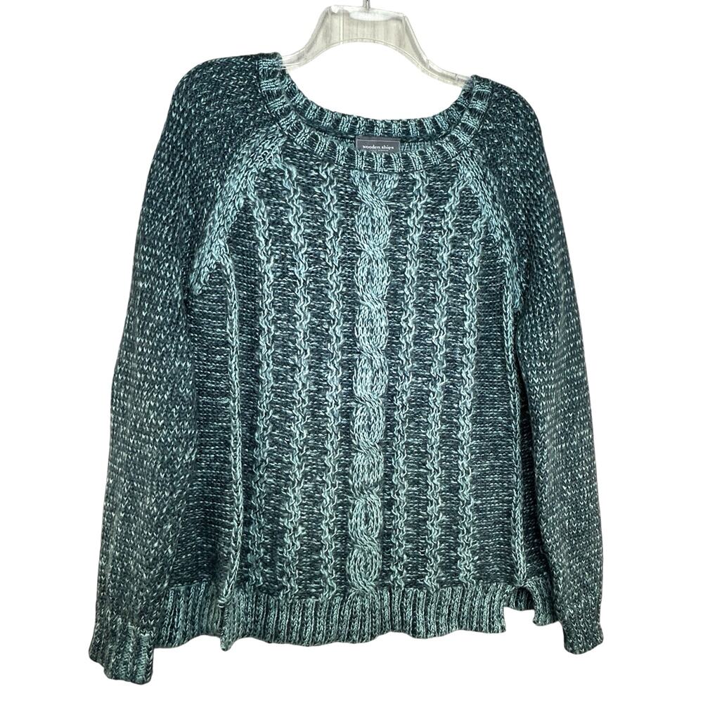 Wooden Ships Teal Fuzzy Cable‎ Knit Sweater S/M Coastal Mohair Blend